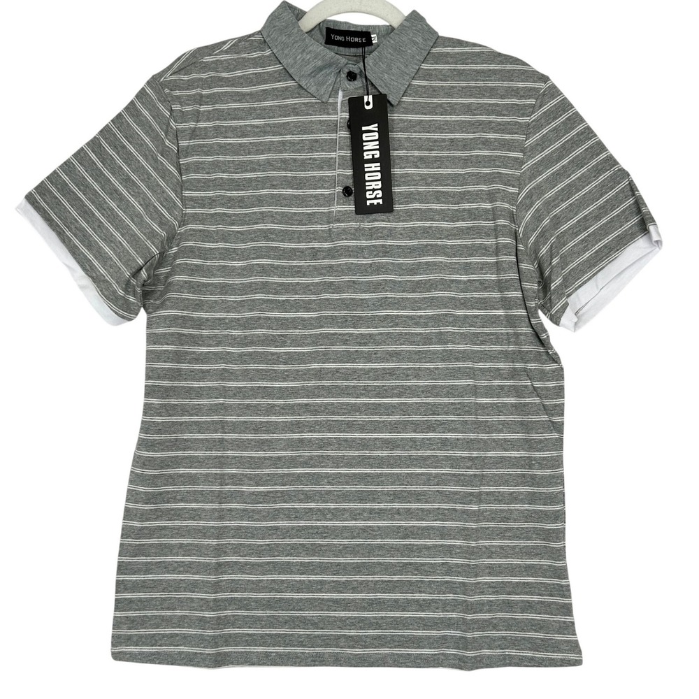 Yong‎ Horse Gray Short-Sleeved Polo Shirt White Stripes Men's Size Medium NWT
